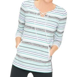 T by Talbots Top Size L Blue Stripe Lace Neck Nautical Stretch Knit 3/4 Sleeve